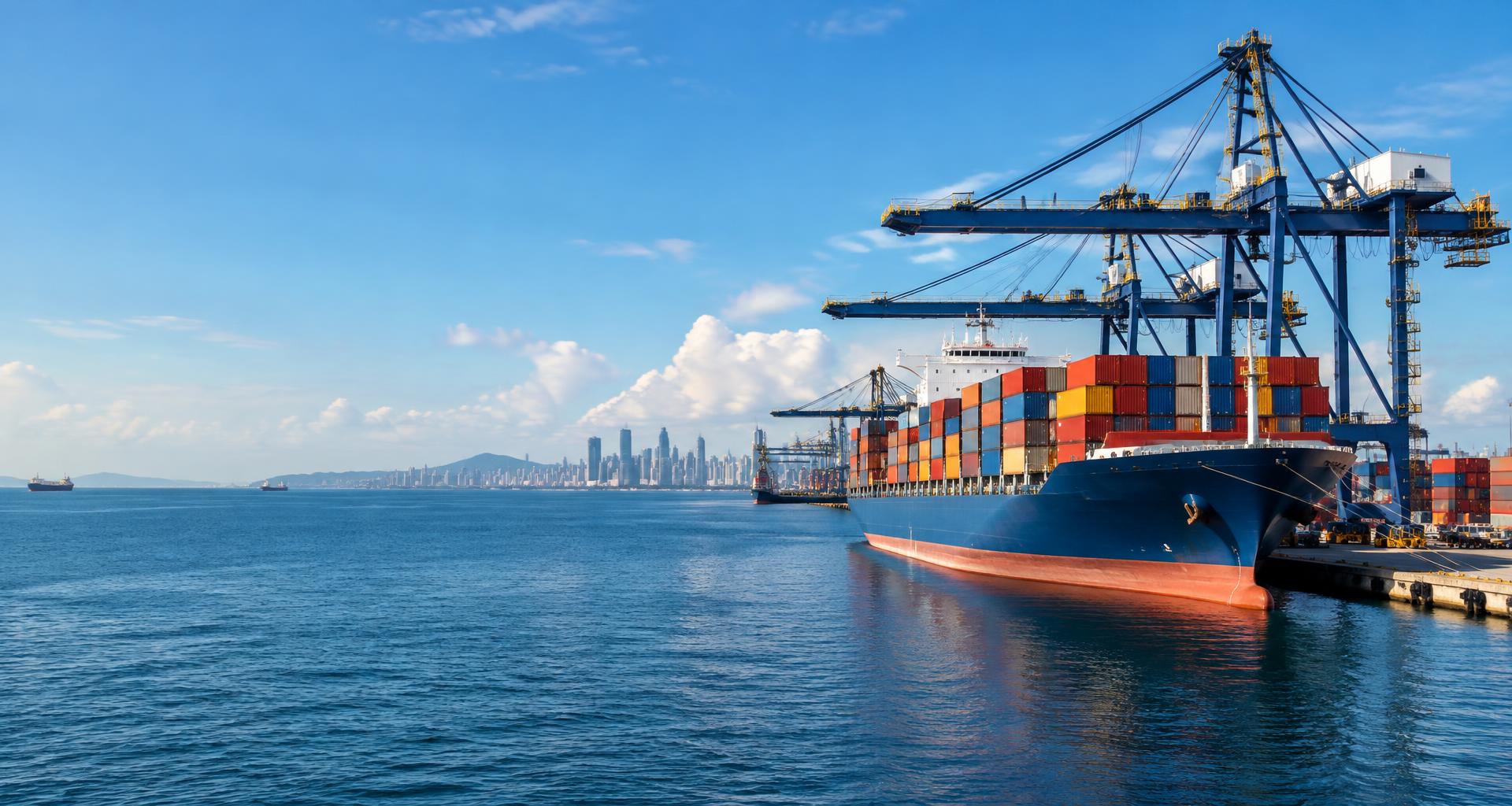 Buque de carga y contenedores en un puerto, ilustración del comercio internacional